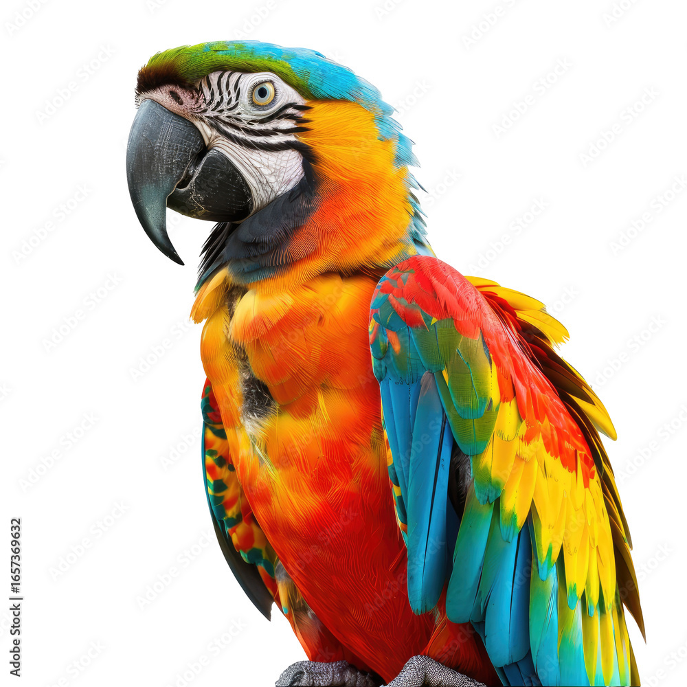 Obraz premium and keyword list based on the image.. Vibrant Parrot Perches, Observes, Wildlife Sanctuary.