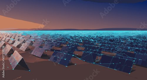 Wide shot of a vast solar panel farm at sunset, showcasing a network of interconnected panels with a futuristic, digital overlay,