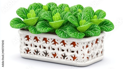 Lush green leafy plant in a decorative white ceramic planter on a white background