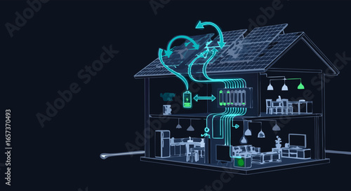 Smart home energy system diagram:  cutaway illustration showing solar panels, battery storage, and energy flow throughout a house,
