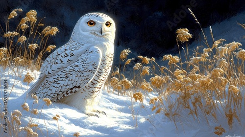 Majestic white owl in winter landscape