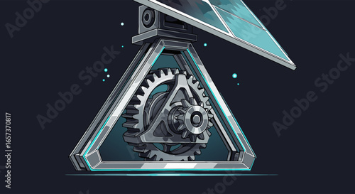 Close-up illustration of intricate gears within a triangular frame, showcasing a futuristic mechanism with teal and silver tones