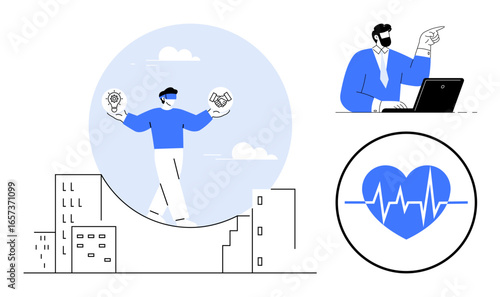 Businessman walking a curved path holding lightbulb and handshake icons, another working at laptop. Blue heart with ECG line. Ideal for teamwork, innovation, health, decision-making, urban life