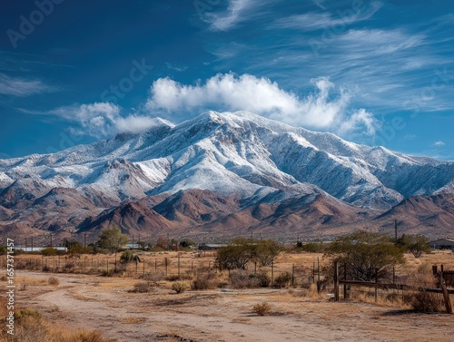 Snowy mountain peak above desert landscape