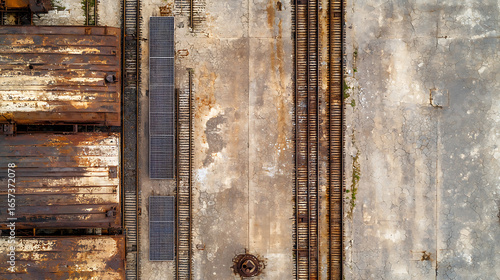 Aerial view of industrial site featuring rusty metal structures, railway tracks, and weathered concrete surfaces, evoking sense of abandonment
