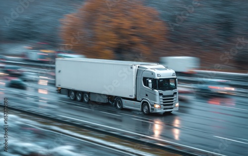 Heavy truck on wet highway in winter