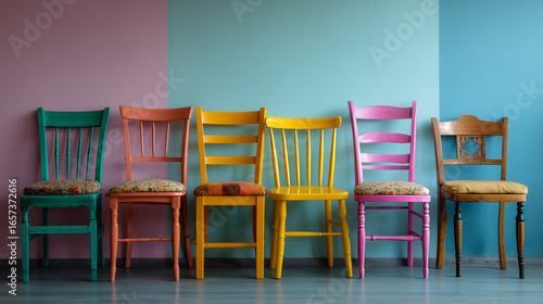 A playful arrangement of mismatched chairs in vibrant colors, representing whimsical seating dilemmas.
