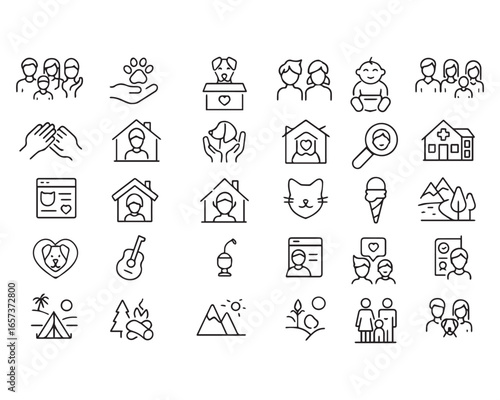 Set of outline icons related to child and pet adoption. Linear icon collection