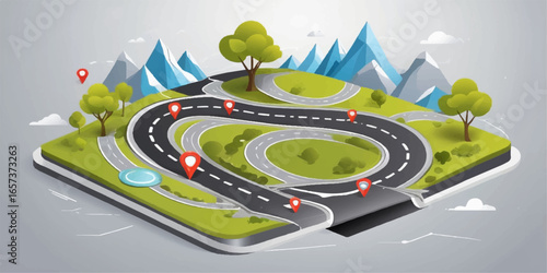 Winding road with a single car driving at speed toward the city, an abstract journey of transportation