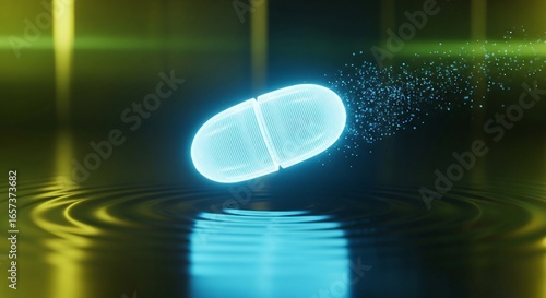 Futuristic glowing pill dissolves into particles over rippling water