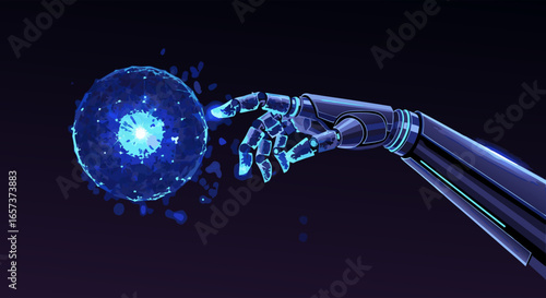 Robotic hand gently interacting with a glowing blue energy sphere, a close-up shot with dark background, showcasing futuristic