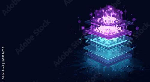 Abstract layered digital structure glowing with purple and blue neon light against a dark background, a 3D render depicting data