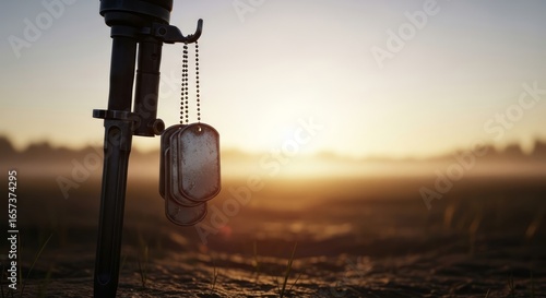 Bayonet with dog tags resting on a field at sunset symbolizing remembrance and sacrifice for military themed projects and designs
