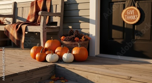 Pumpkins and autumn decor on a porch with give thanks sign for fall season and thanksgiving celebration with seasonal decoration