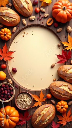 A festive flat lay arrangement featuring fresh bread, autumn leaves, nuts, grains, and dried fruits, styled in a circular frame with copy space in the center, symbolizing harvest celebration.