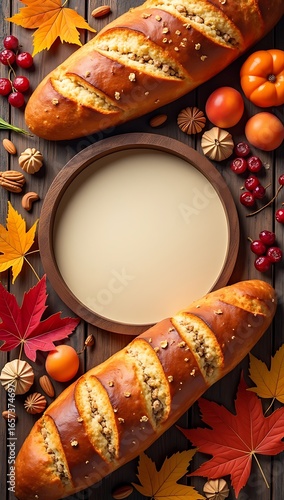 A festive flat lay arrangement featuring fresh bread, autumn leaves, nuts, grains, and dried fruits, styled in a circular frame with copy space in the center, symbolizing harvest celebration.