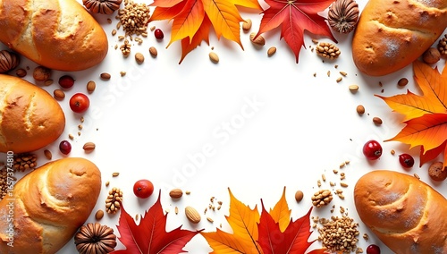 A festive flat lay arrangement featuring fresh bread, autumn leaves, nuts, grains, and dried fruits, styled in a circular frame with copy space in the center, symbolizing harvest celebration.
