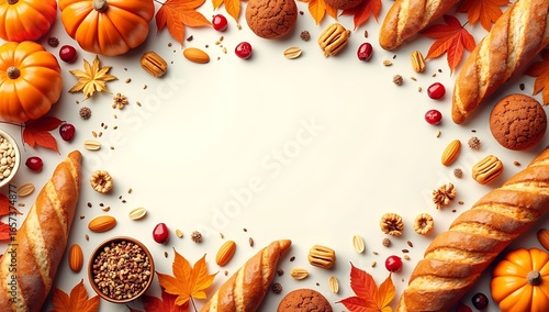 A festive flat lay arrangement featuring fresh bread, autumn leaves, nuts, grains, and dried fruits, styled in a circular frame with copy space in the center, symbolizing harvest celebration.