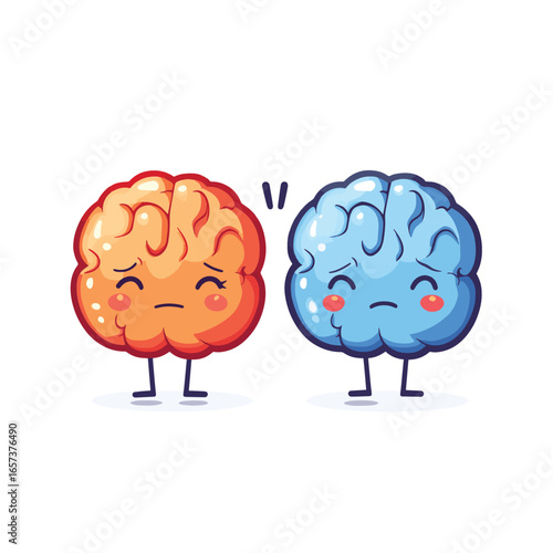 Happy and sad cute cartoon brain character