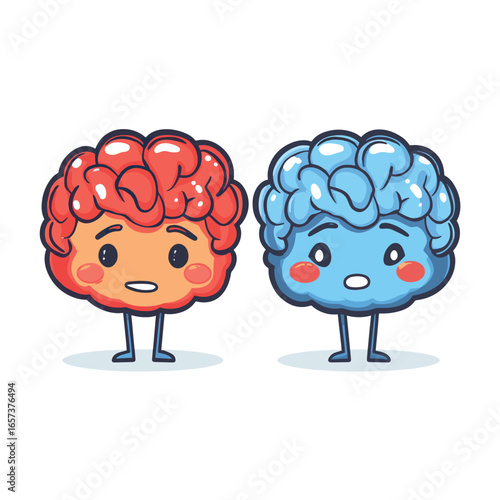 Happy and sad cute cartoon brain character