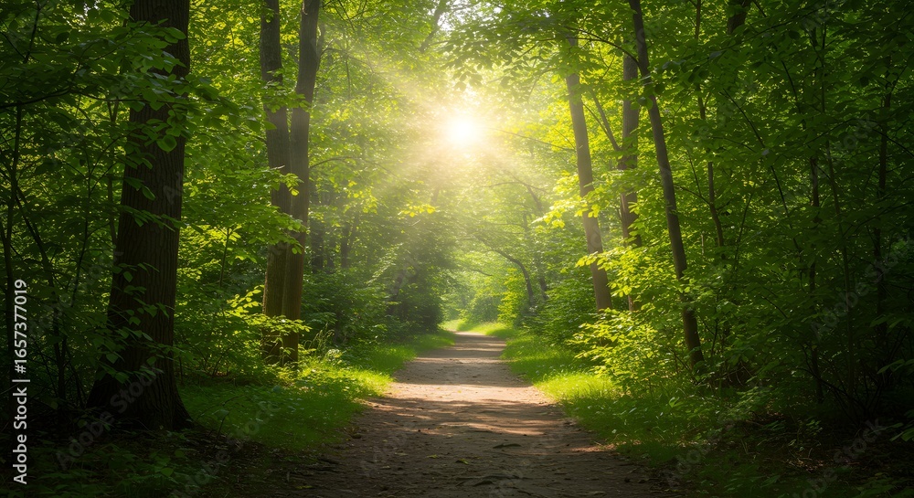Fototapeta premium Sunlight streams through the trees onto a path in a lush, green forest.