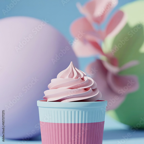 Pastel pink soft serve ice cream swirl in a blue and pink ribbed cup with blurred pastel background