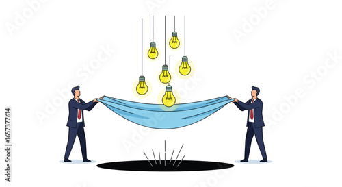 Businessmen catching light bulbs in safety net demonstrating innovation and idea protection