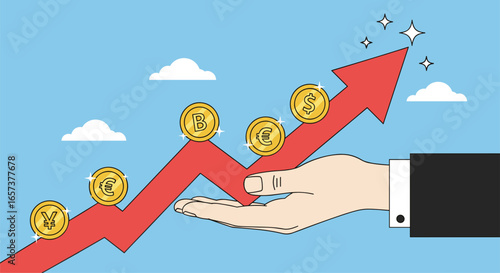 Visualizing financial growth and investment success through a rising red arrow and golden coins supported by a hand