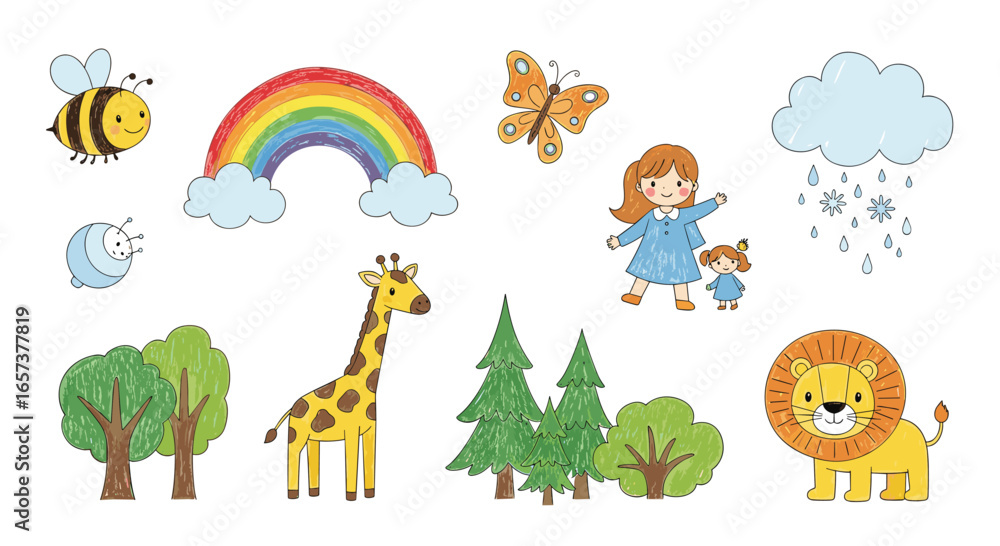 Fototapeta premium Cute cartoon animals and nature elements for childrens illustrations and designs