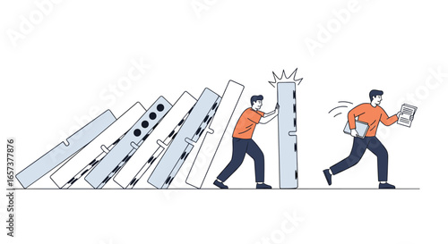 Man stopping domino effect with strategy and teamwork to prevent cascading failure and ensure business continuity