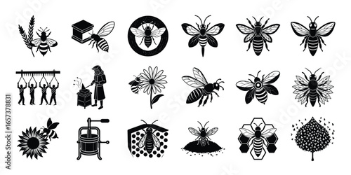 Bee silhouette vector set on white with honey bees, beekeeper, and hives