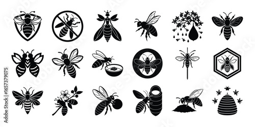 Bee silhouette vector collection featuring honeybees, wasps, beehives, and pollination designs