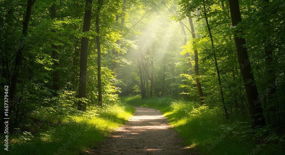 Obraz premium A sunlit forest path winds through lush green trees, creating a serene and inviting atmosphere.