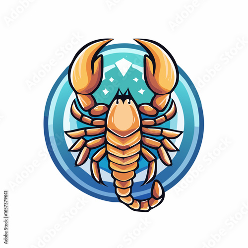 A bold illustration of a scorpion with large claws and a stinging tail, contained within a circular geometric emblem. This design is perfect for a brand logo, sports team mascot, or emblem