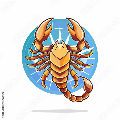 A bold illustration of a scorpion with large claws and a stinging tail, contained within a circular geometric emblem. This design is perfect for a brand logo, sports team mascot, or emblem