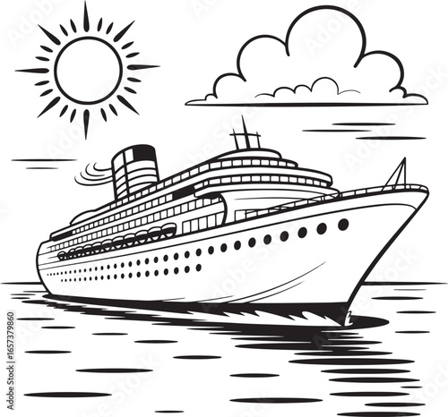 Luxury Cruise Ship Vector Illustration with Sun and Cloud on the Sea, Cruise Ship Vector, Luxury Liner Illustration, Ocean Travel Ship, Passenger Ship Drawing, Nautical Vacation Art, cruise ship