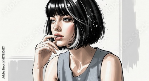 Stylized Portrait of Woman with Short Bob and Contemplative Expression. Graphic Novel Style Art with Bold Linework. Modern Comic Book Character Illustration.
