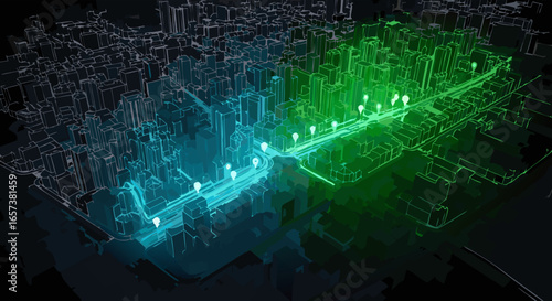 Overhead view of a futuristic city street with glowing teal and green pathways, showcasing smart city technology and infrastructure in