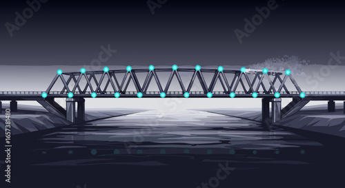 A train crossing a steel truss bridge at night, depicted in a dark, moody illustration style with cool blue accents against a foggy