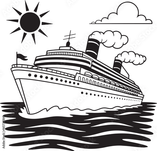 Ocean Cruise Liner Vector Drawing with Flag and Smoke Stacks, Ocean Cruise Liner, Passenger Ship Vector, Retro Steamship Illustration, Holiday Travel Ship, Nautical Tourism Art
