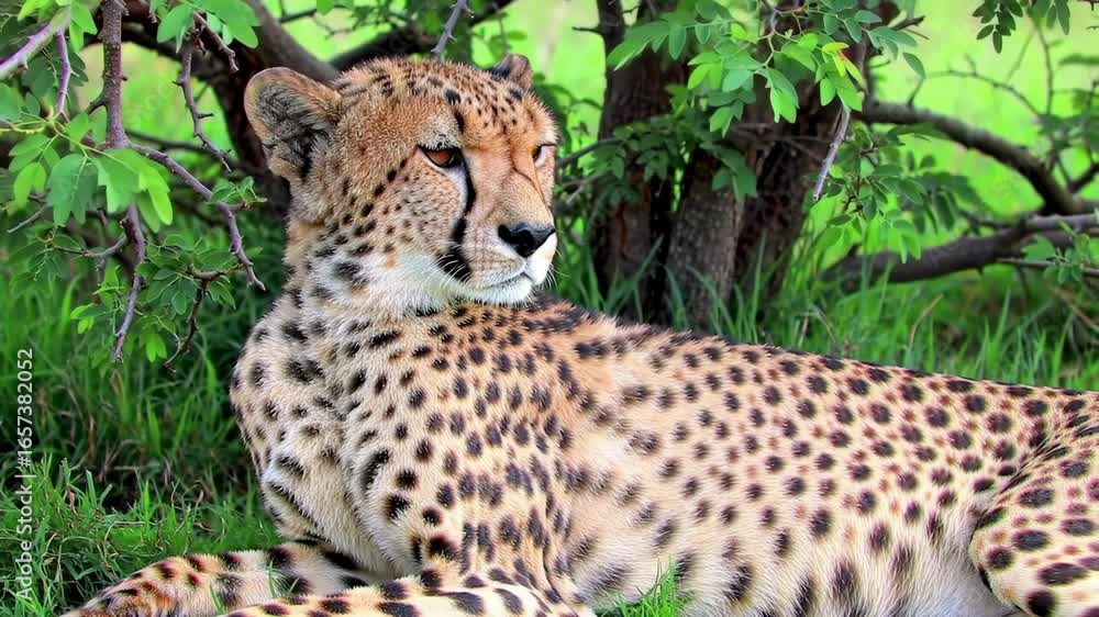 A cheetah rests beneath a leafy tree, its spotted coat blending with the natural surroundings. A cheetah rests beneath a leafy tree, its spotted coat blending with the natural surroundings.