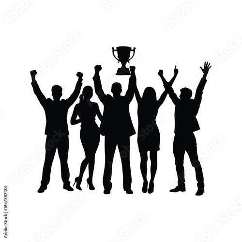 Silhouette of a team celebrating their success with a trophy above them, Team celebrating success  silhouette vector illustration