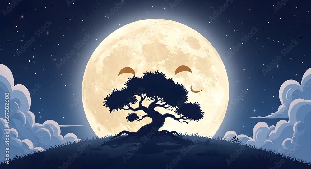 Naklejka premium Peaceful Bonsai Silhouette Against a Giant, Smiling, Anthropomorphic Full Moon