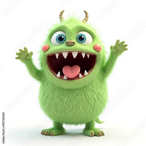 A fluffy green monster with horns and a heart shaped tongue standing on a white background smiling wide