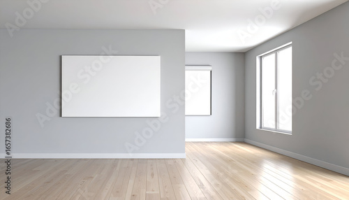 Stylish modern office or living room interior with wooden desk, shelves, large windows and indoor plants. Perfect for real estate, workplace, or architecture themes.