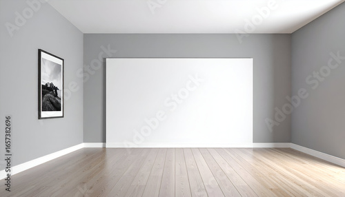 Interior mockup of a modern room with wooden flooring and a large blank white frame on the wall, ideal for artwork, posters, or branding presentations.