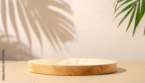 Round wooden podium with soft tropical leaf shadows on wall. Minimal natural stage for product presentation, cosmetics, or branding.