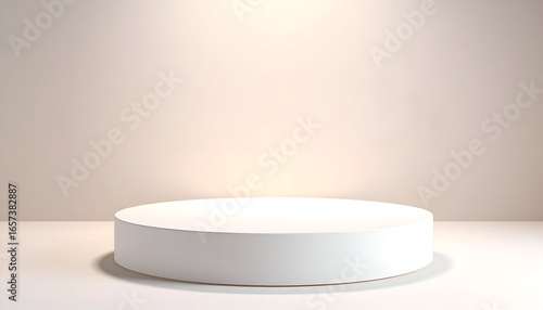 A minimal white circular podium platform displayed against a soft light beige background, ready for product presentatio