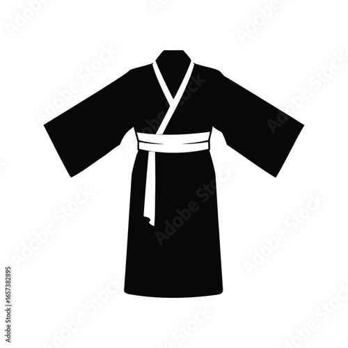 Elegant black kimono with white obi sash, simple traditional silhouette Japanese garment vector illustation