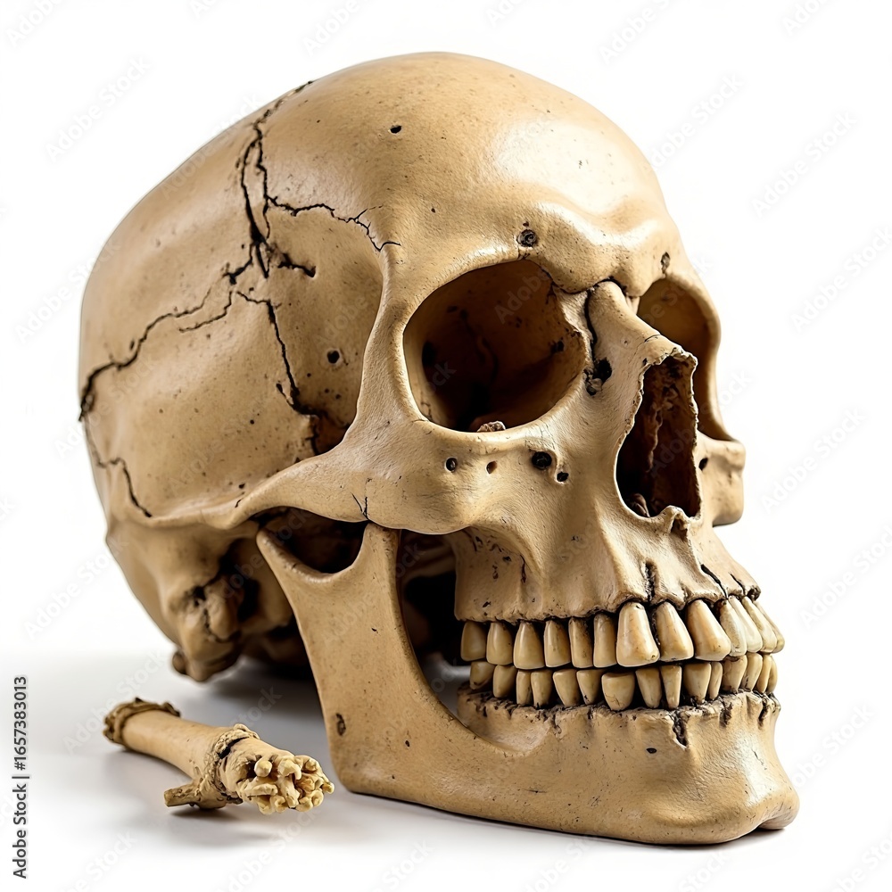 Naklejka premium Anatomical skull model with cracks and bone fragment on white background in studio lighting